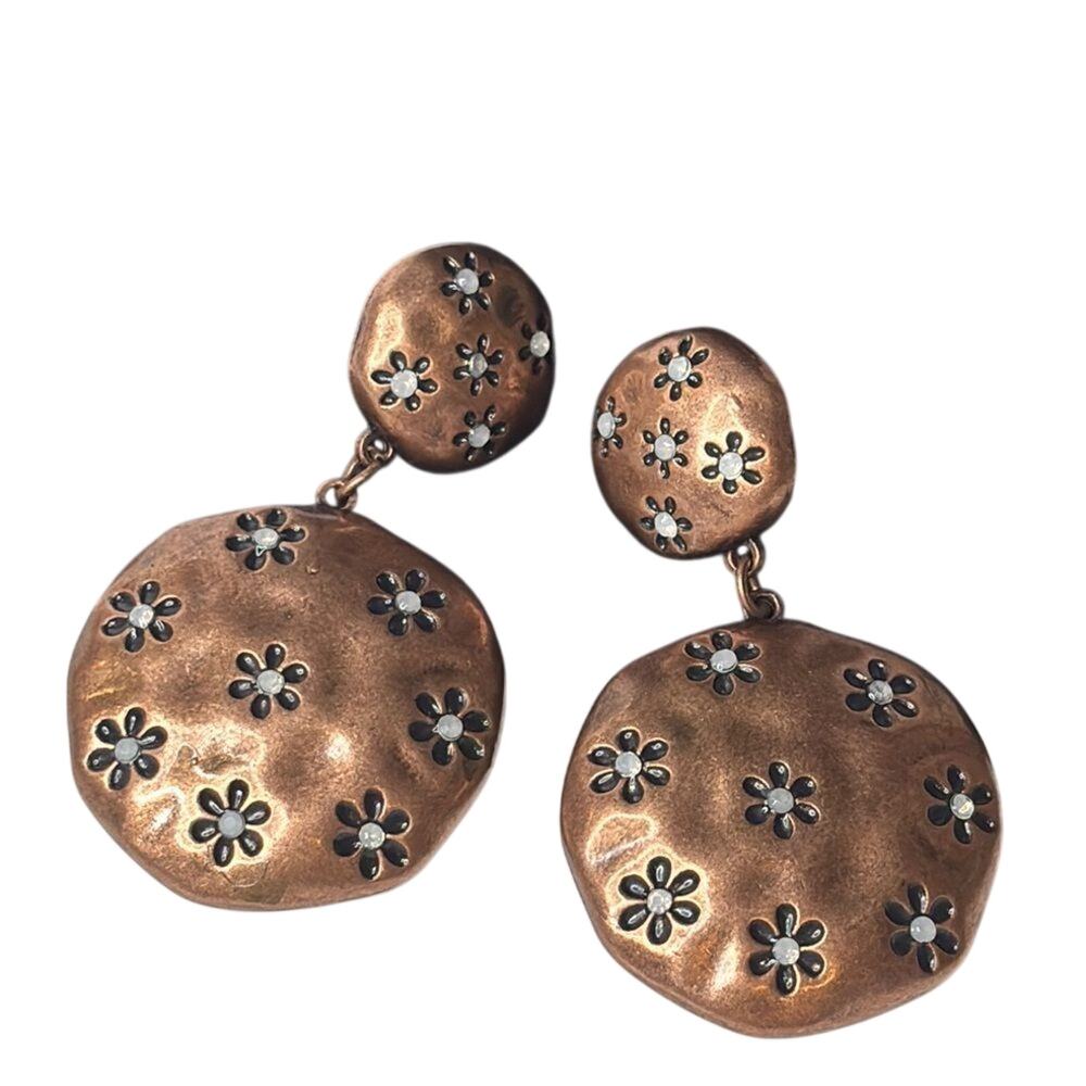 Copper Tone Floral Circular Hammered Metal Style Dangle Clip On Earrings